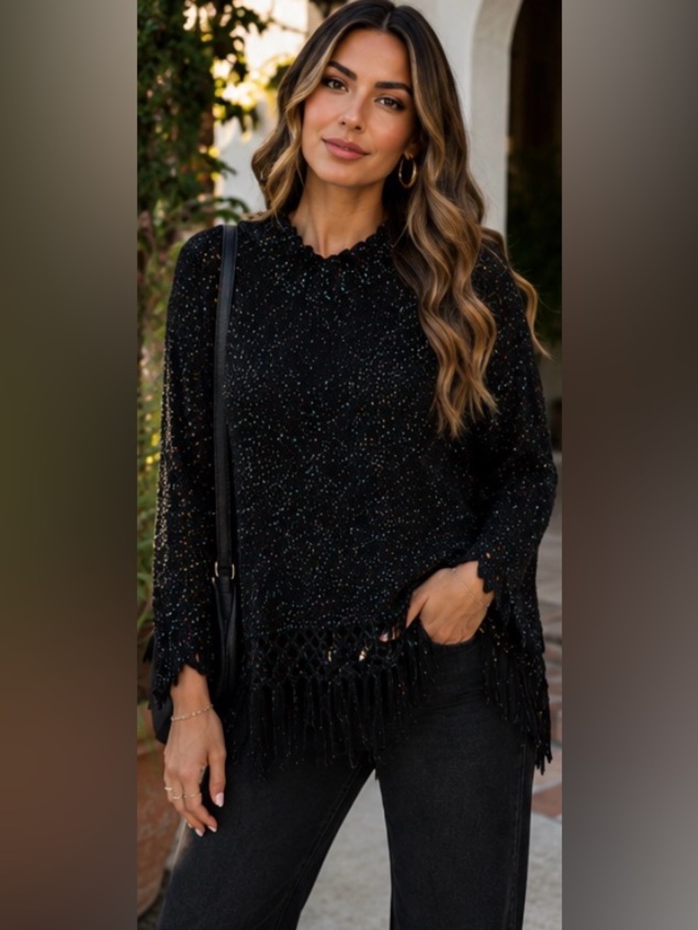 Boho Chic Y2K Black Metallic‎ Sparkle Knit Hood Fringe Sweater poncho whimsigoth